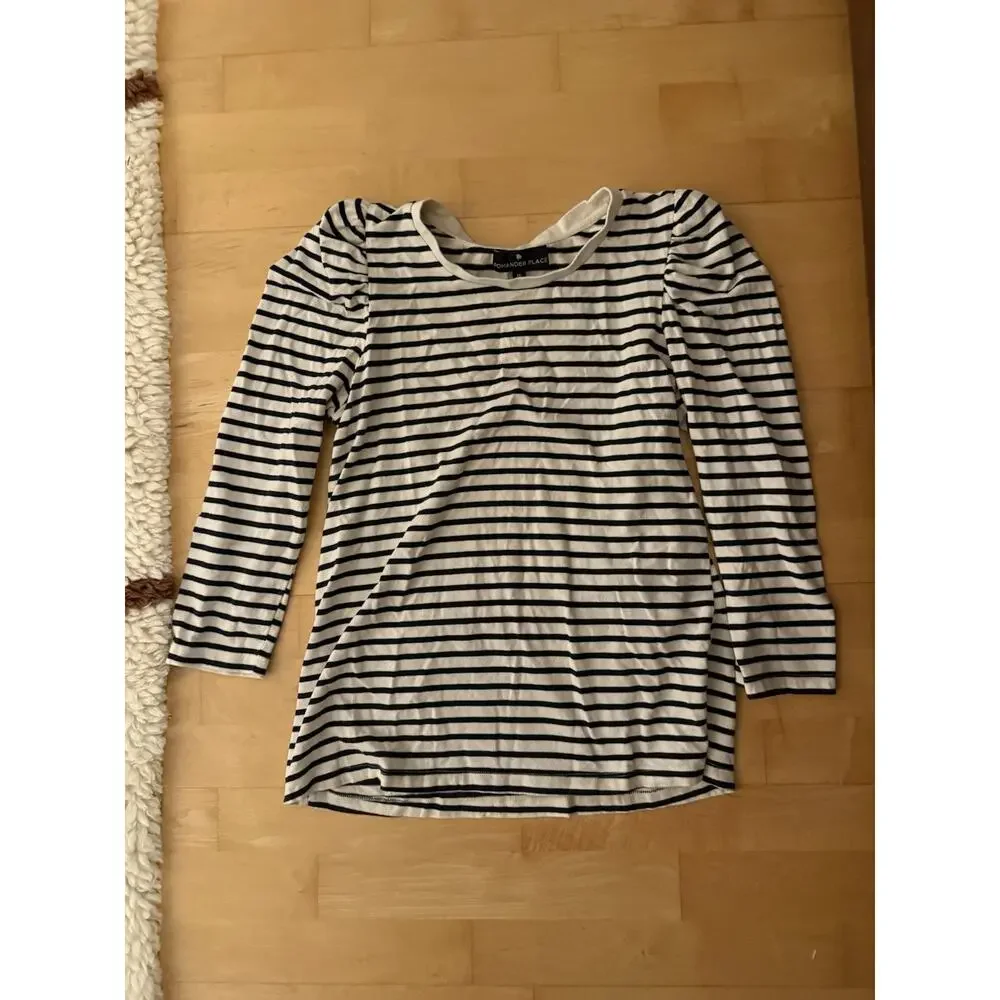 Pomander Place Black White Striped Vesty Long Sleeve Puff Sleeve Shirt M